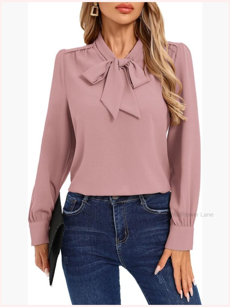 Women's Bow Tie Neck Blouse Long Sleeve Work Shirt Business Casual Tops
